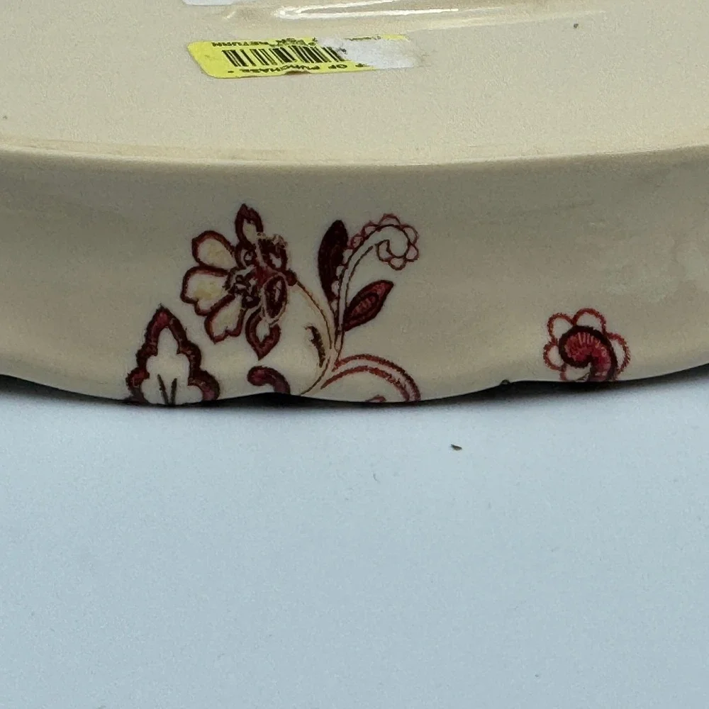 Reba Cream Ceramic Oval Serving Platter Burgundy Floral Scalloped Ribbed Serving